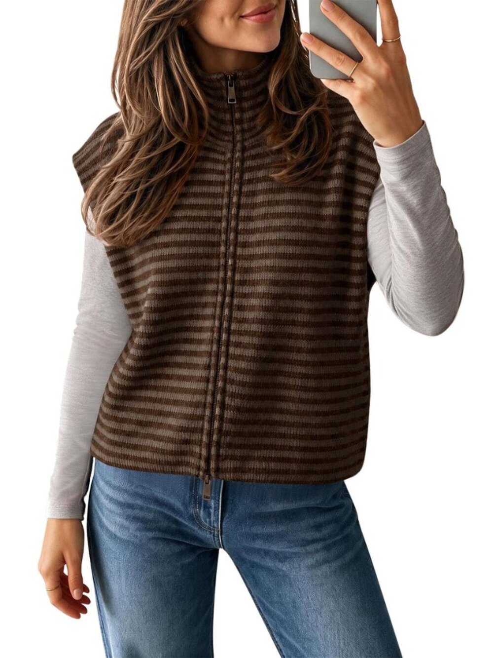 Women Striped Cardigan Sweater Vest Fall Zip Up Knit Summer Top